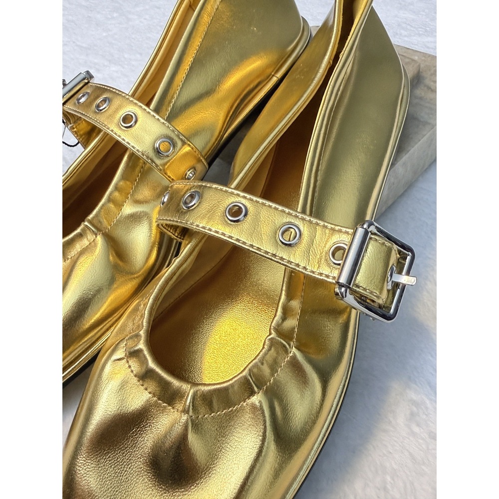 NEW MANGO MNG GOLD GATHERED STRAP BUCKLE BALLERINA BALLET FLAT SHOES 39 US 8-8.5 - Picture 2 of 12